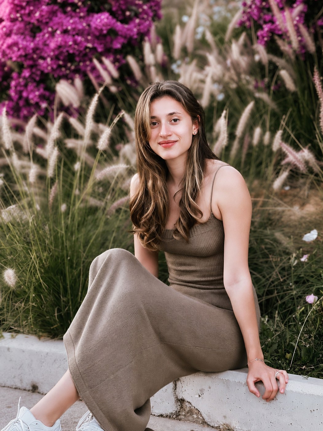 Original photo: a young woman among summer flowers
