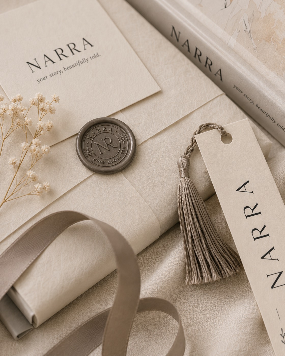 Prezentarea cadou NARRA: card keepsake, sigiliu de ceară NR, semn de carte cu ciucure, panglică și flori uscate