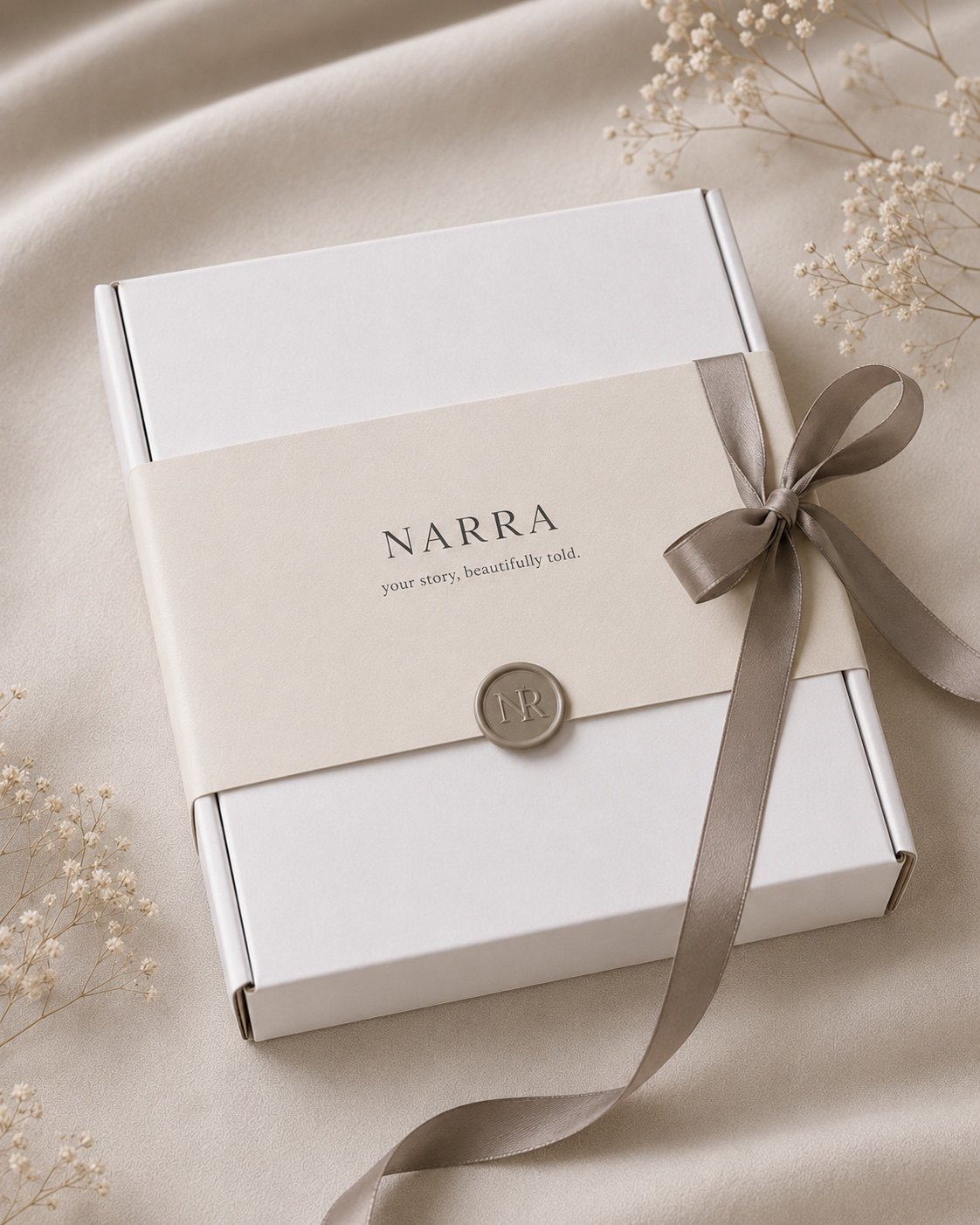 Закрытая подарочная коробка NARRA с бумажным поясом, лентой и NR seal